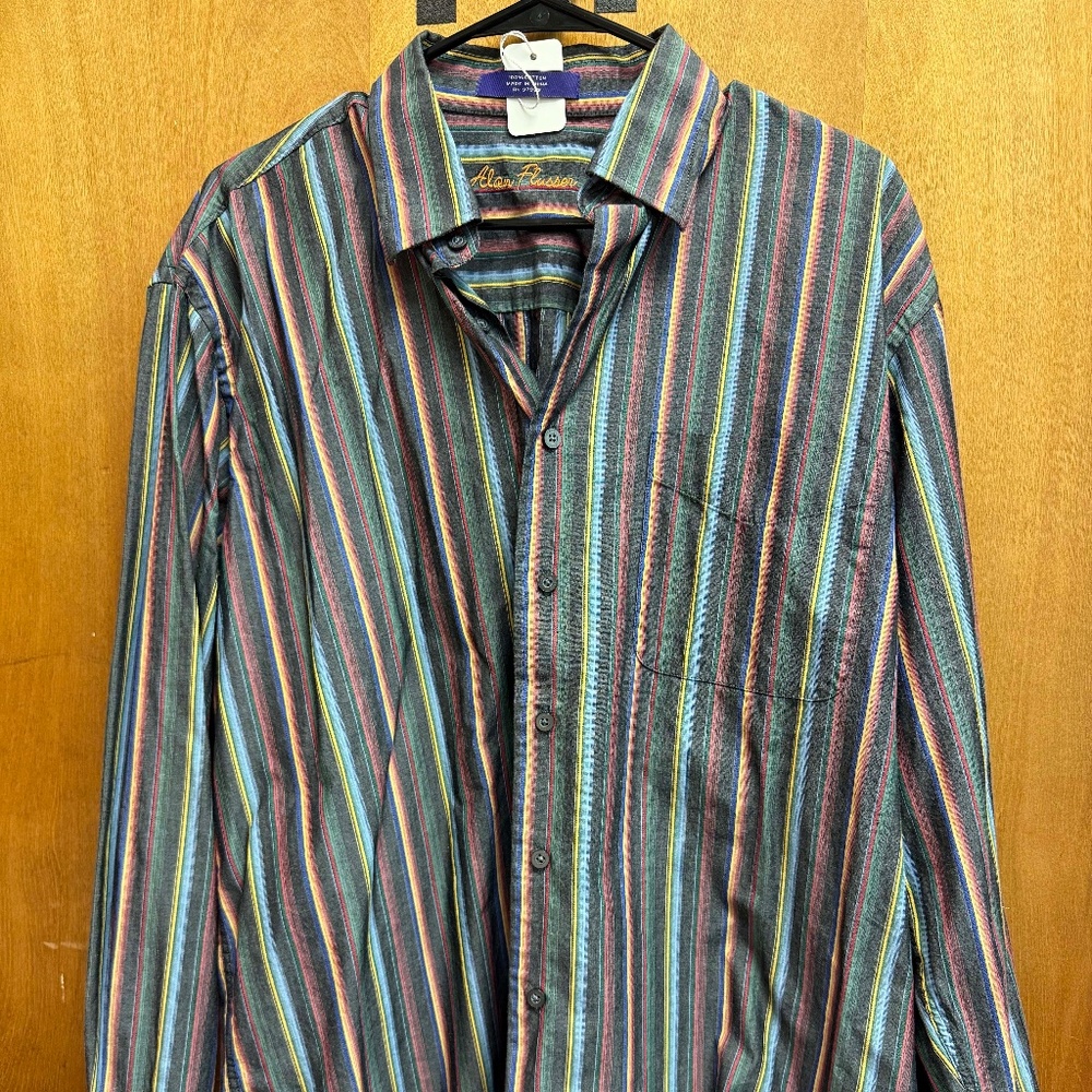 Alan Flusser Mens Gray Multicolor Striped Button Long Sleeve Shirt, Size: L, EUC